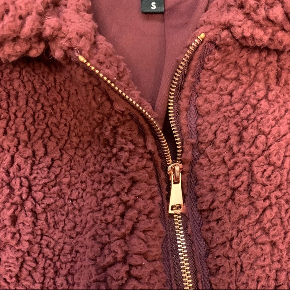 Ashley Teddy Bear Fur Bomber Jacket in Burgundy - Picture 9 of 12